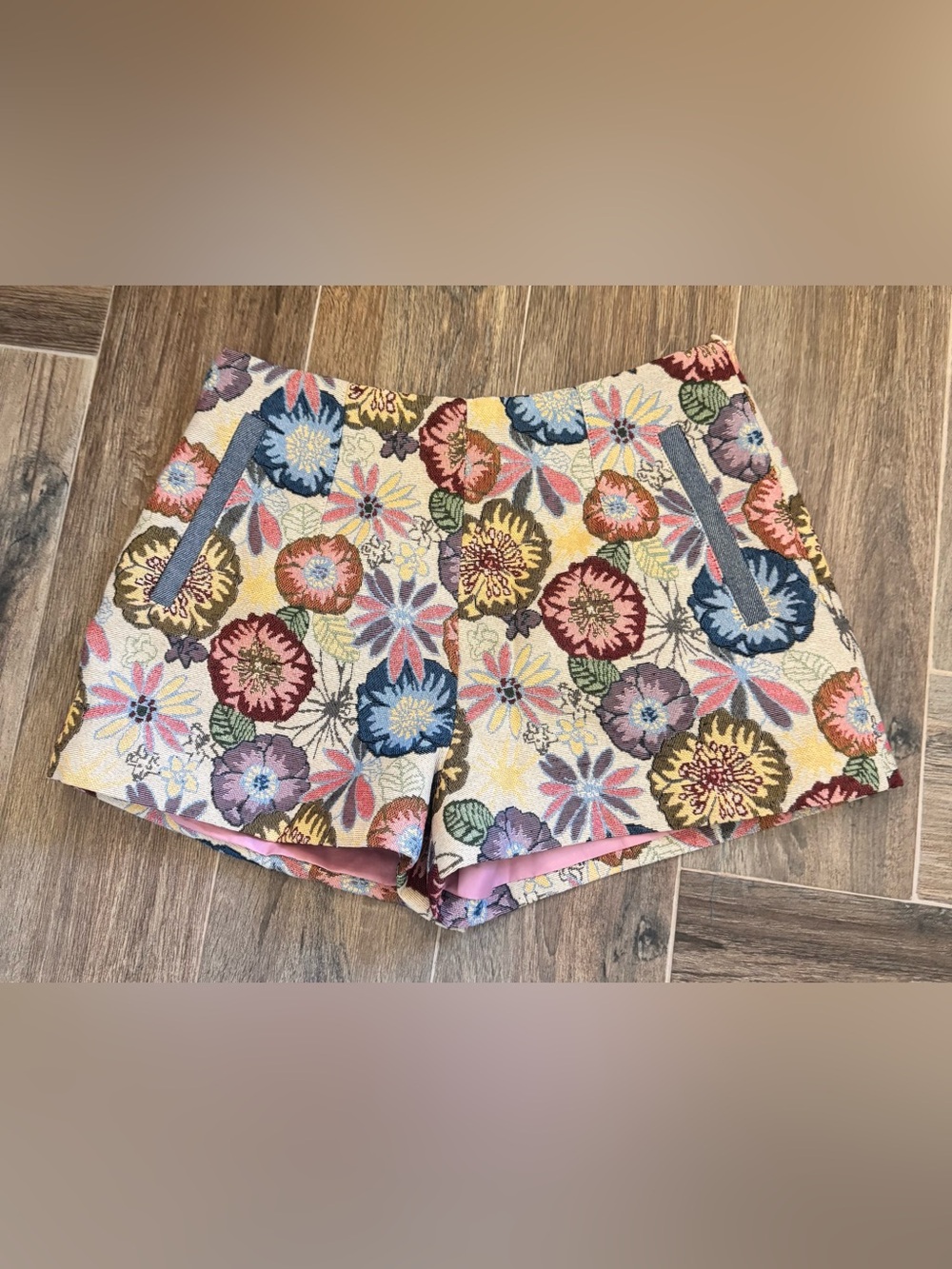 eesome Floral Jacquard High Waist Shorts - Cream with Blue, Pink, Yellow & Green